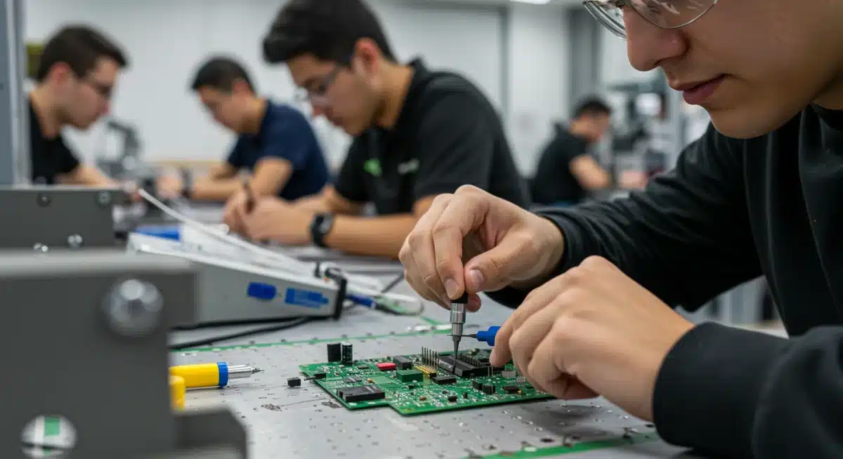 Student meticulously assembling electronic components in an advanced manufacturing vocational training program.