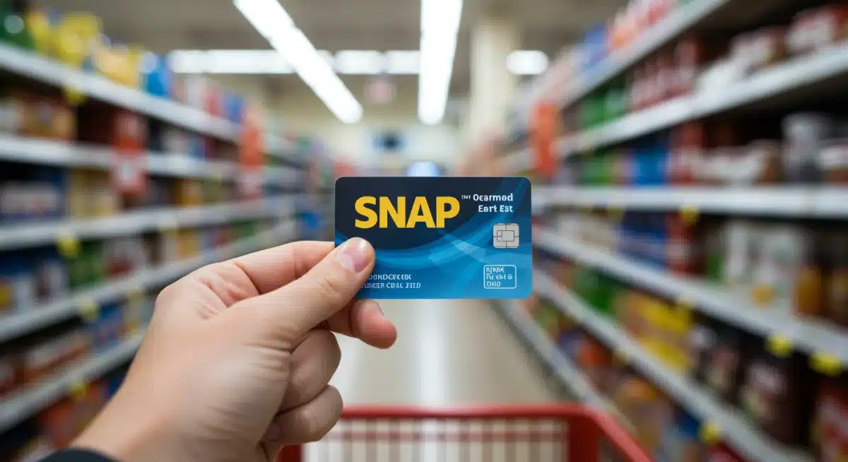 Hand holding an EBT card at a grocery store checkout, illustrating SNAP benefit usage.