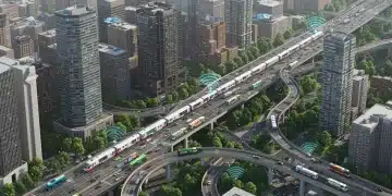 Modern urban transit hub with high-speed trains and electric buses, representing the 2025 Infrastructure Bill's impact on American transportation.