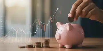 Hand placing coins into a piggy bank with financial charts in the background, symbolizing savings and economic changes.