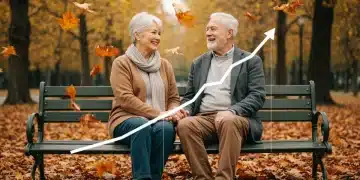 Smiling senior couple discussing retirement planning in a park