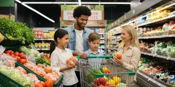 SNAP Benefit Adjustments 2025: Your Potential 5% Food Assistance Increase Family smiling while grocery shopping, representing increased food security from SNAP benefits.