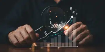 Hand with magnifying glass analyzing a rising inflation graph for 2025, symbolizing financial foresight.