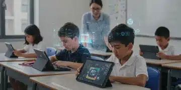 Students using AI-powered tablets in a modern classroom setting