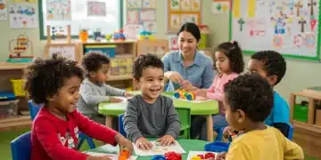 Diverse young children learning happily in a bright, modern classroom