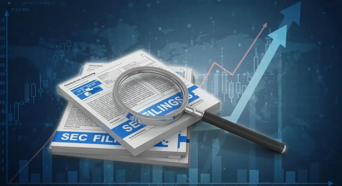 Magnifying glass examining SEC filings for investment insights.