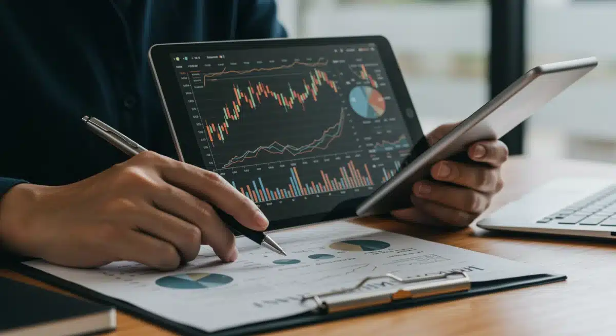 Investor analyzing financial data on tablet for portfolio rebalancing