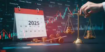 Dynamic financial charts with 2025 calendar and hand rebalancing investment scales