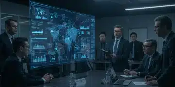 Cybersecurity experts reviewing a holographic cyberthreat report during a national security briefing in 2025.