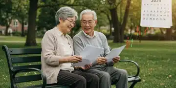 Elderly couple reviewing documents in a park, symbolizing retirement planning and Social Security COLA impact.