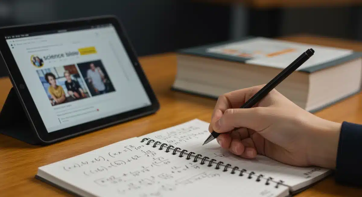 Student writing math equations, surrounded by science and digital learning tools.