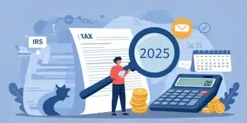 Person reviewing tax documents with calculator, magnifying glass, and 2025 calendar