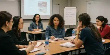 Teachers learning about new certification requirements in a professional development workshop.