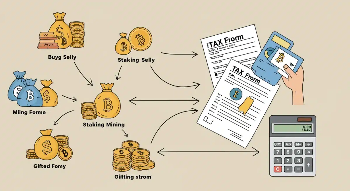 Diagram illustrating various cryptocurrency transactions and their impact on IRS tax reporting