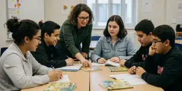 Diverse students and teacher in modern inclusive classroom