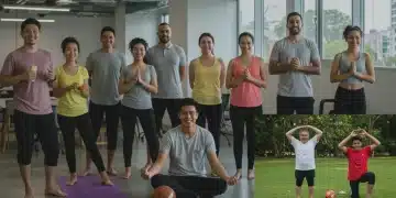 Employees engaging in diverse wellness activities, symbolizing comprehensive corporate health programs.