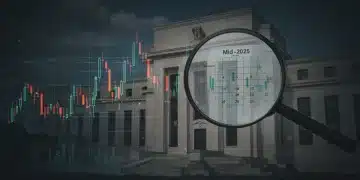 Chart showing bond yield fluctuations with Federal Reserve building backdrop, calendar set to mid-2025.