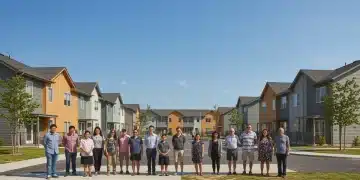 Families and individuals smiling in front of new affordable housing developments.