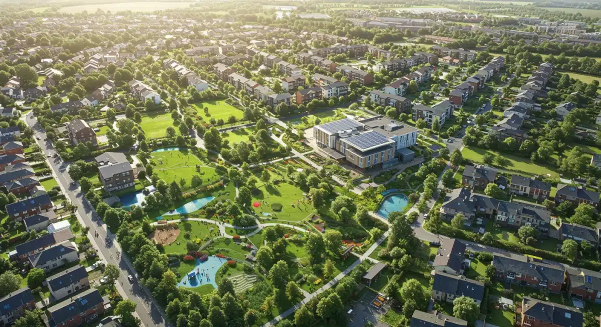 Aerial view of a diverse, planned community with green spaces and various housing.