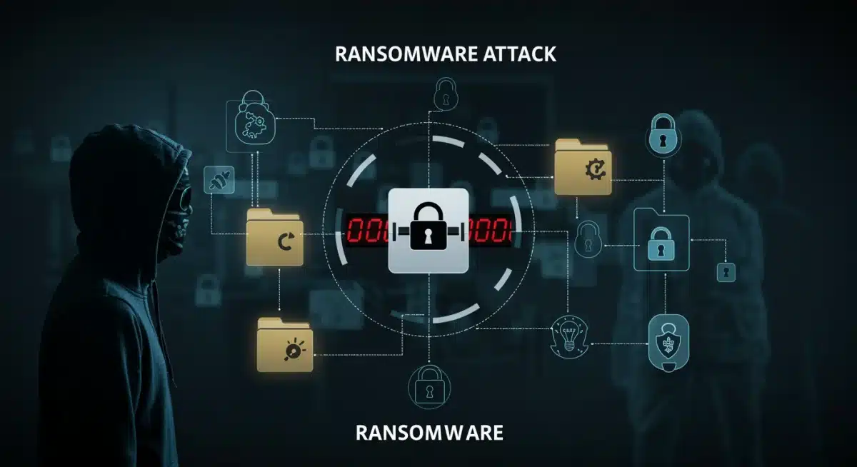 Ransomware attack displaying encrypted files and countdown timer