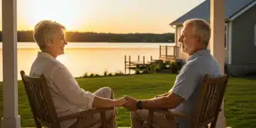 Couple enjoying serene retirement by a lake at sunset, symbolizing financial security