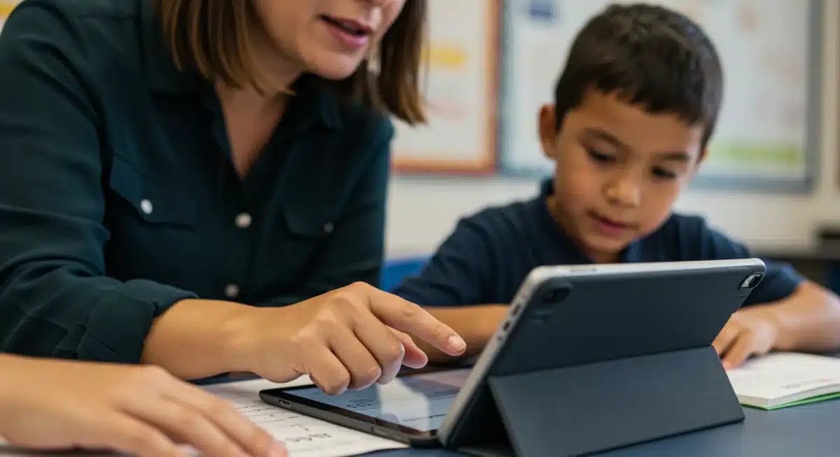 Teacher assisting student with learning disability using tablet