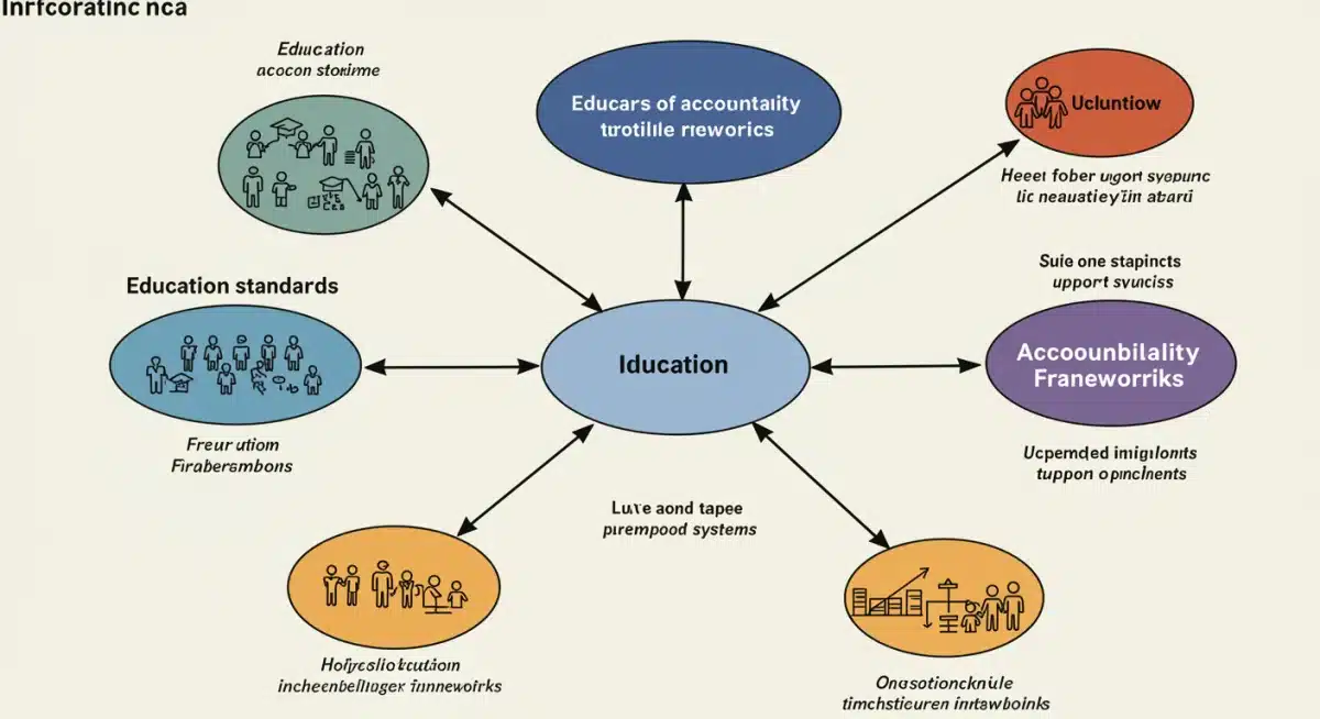 Infographic illustrating interconnected education policy elements and reform areas.