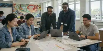 Students and teachers collaborating in a modern classroom, representing education policy changes.