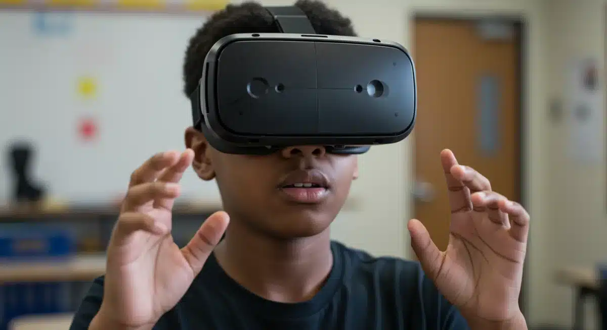 Student in VR headset experiencing immersive learning in a US classroom.