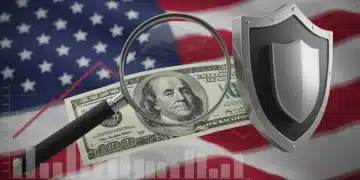 Charts depicting economic trends and inflation rates with a magnifying glass examining a dollar bill, symbolizing financial analysis and protection strategies.