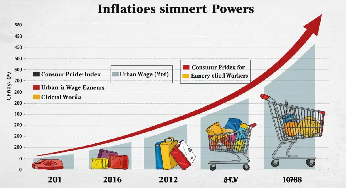 Inflation's effect on purchasing power illustrated with a shopping cart and rising CPI-W graph.