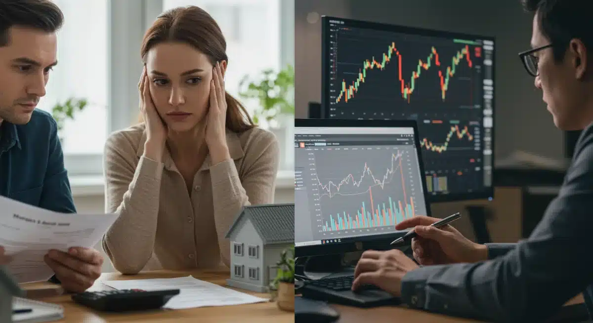Couple reviewing mortgage documents and investor analyzing stock charts