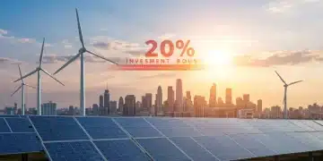 Solar panels and wind turbines symbolize the growth of renewable energy in the US.