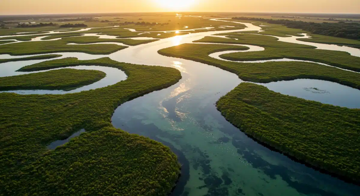 Restored river delta with thriving wetlands and diverse wildlife