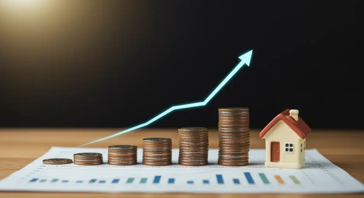 Financial growth chart with coins and house, symbolizing retirement savings