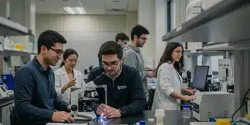 Diverse university students collaborating on a STEM project in a modern lab