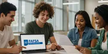 College students reviewing FAFSA documents, smiling and engaged in a modern library setting, symbolizing financial aid planning.