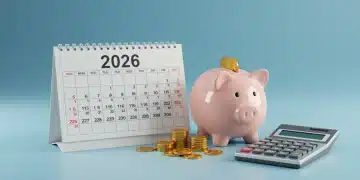 Illustration of 2026 calendar, piggy bank, and calculator for 401(k) planning