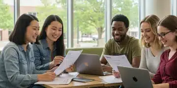 College students smiling, reviewing FAFSA forms on laptops