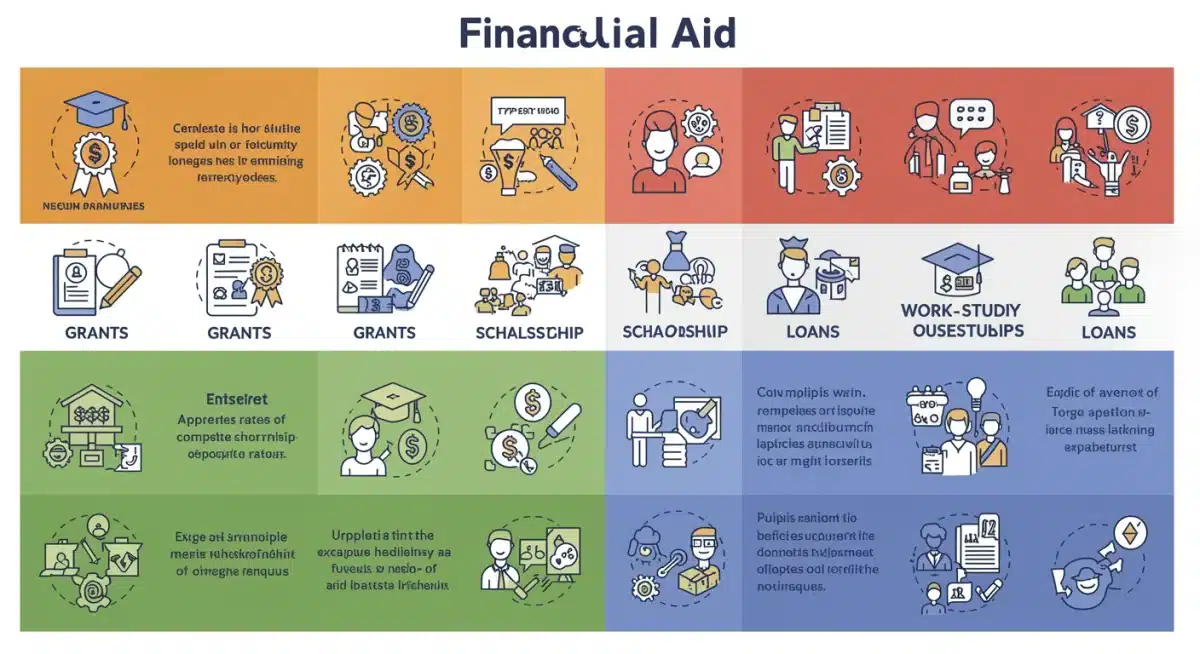 Infographic showing types of financial aid: grants, scholarships, work-study, loans