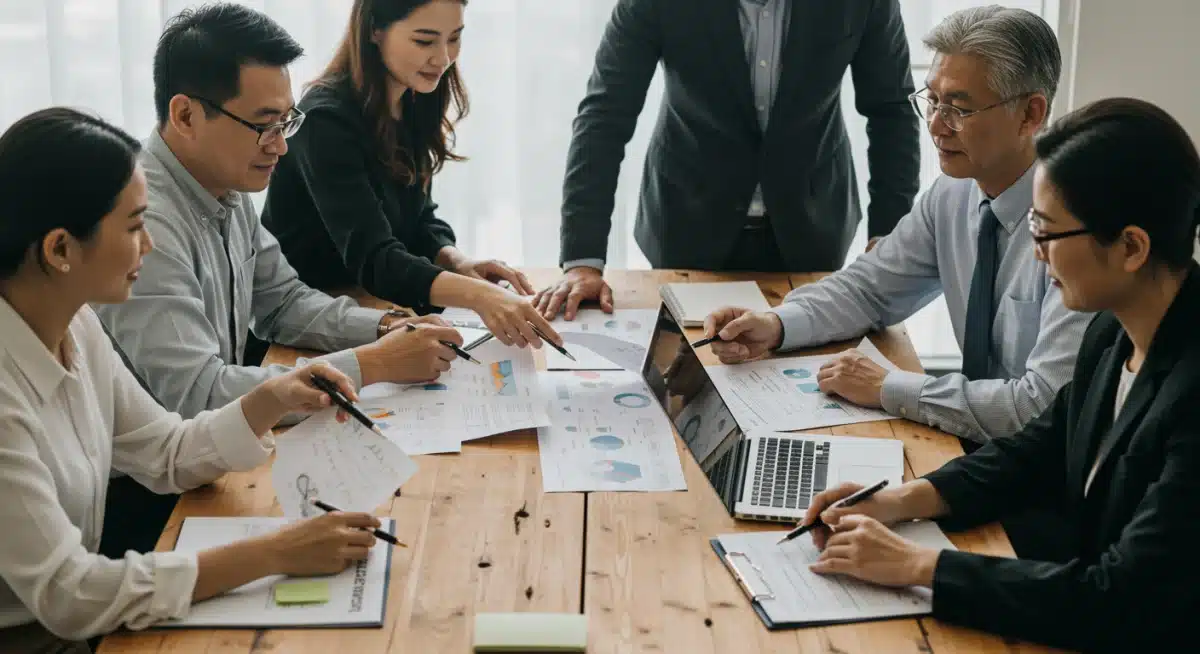 Diverse group of investors discussing portfolio strategies and financial plans.