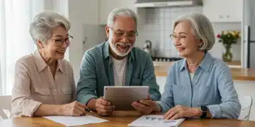 Seniors discussing 2026 Social Security benefits with financial documents and a tablet.