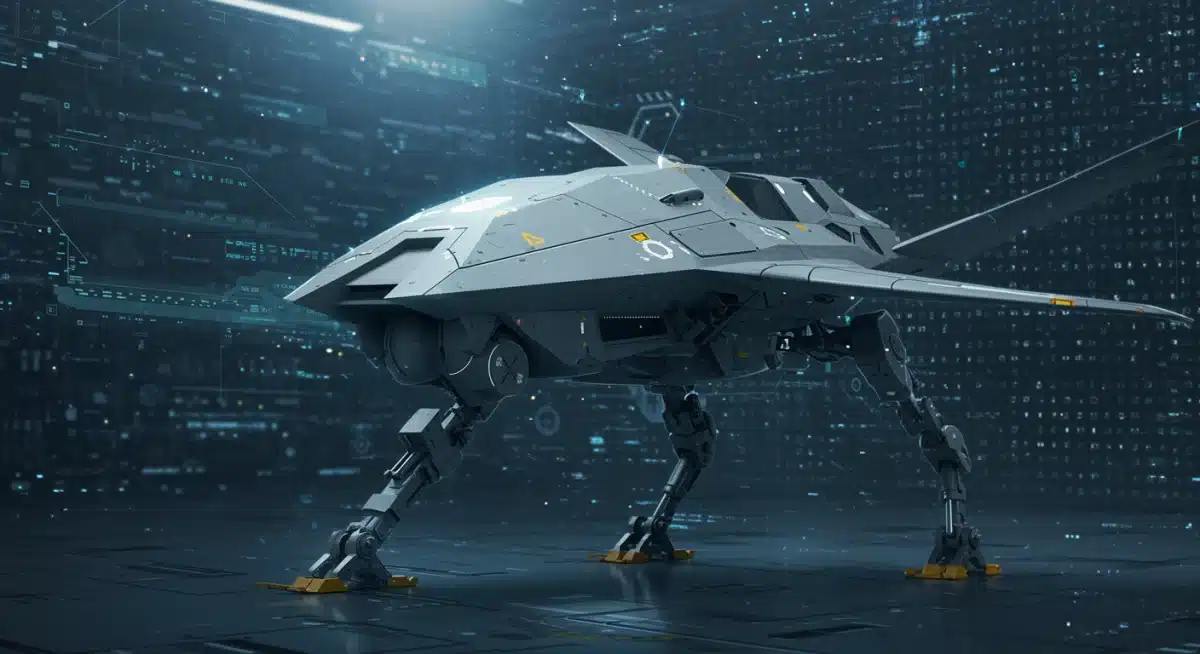 Futuristic military technology, such as a stealth drone or AI robot, representing innovation and future warfare capabilities.