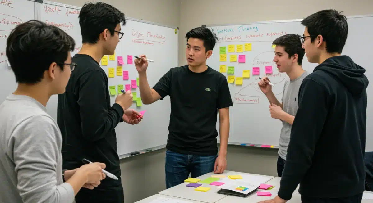 High school students collaborating on a design thinking challenge.