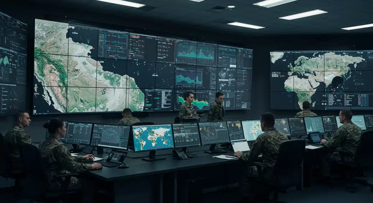 Modern military command center with real-time data and engaged personnel, showcasing advanced defense operations.