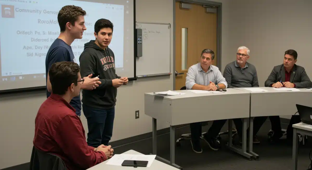 High school student presenting a project to industry professionals.