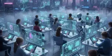 Students using AI-powered learning tools in a modern classroom setting.