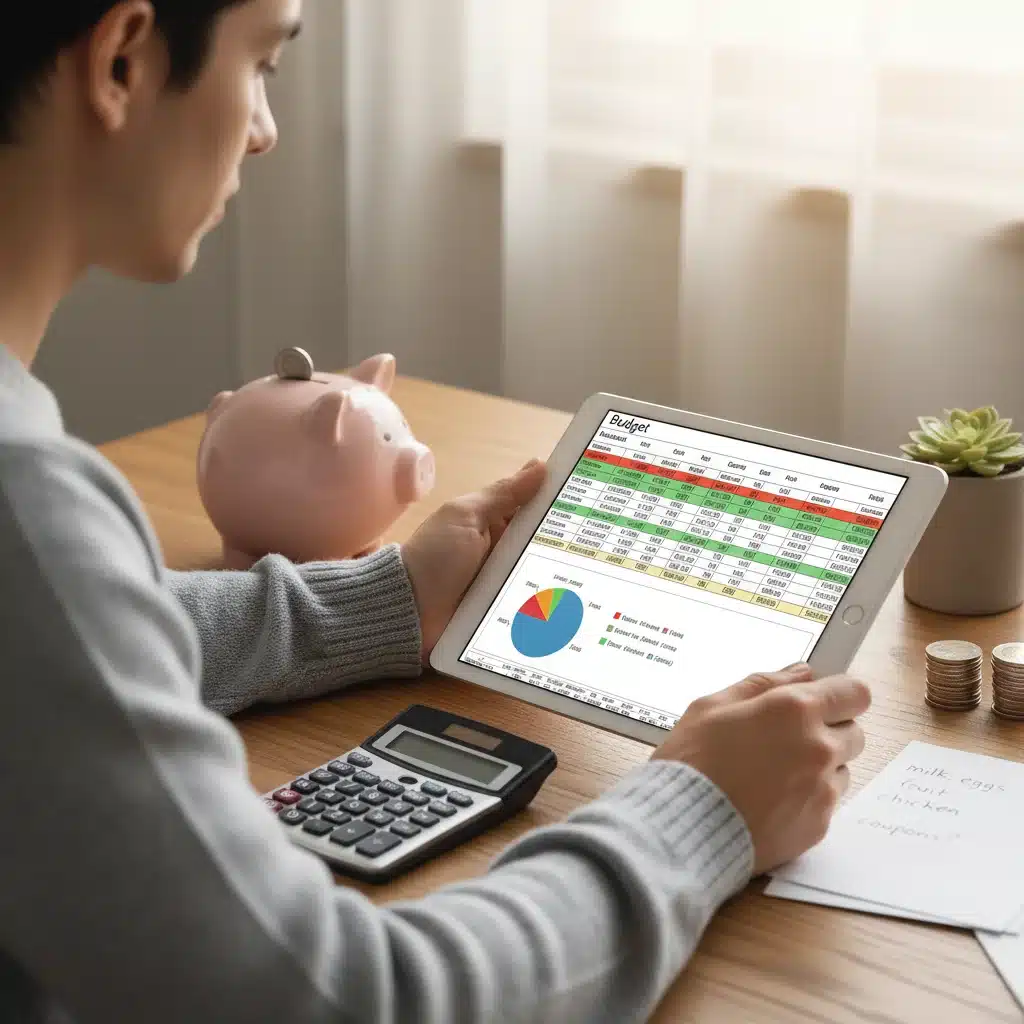 Person reviewing budget spreadsheet to manage finances and optimize spending habits.