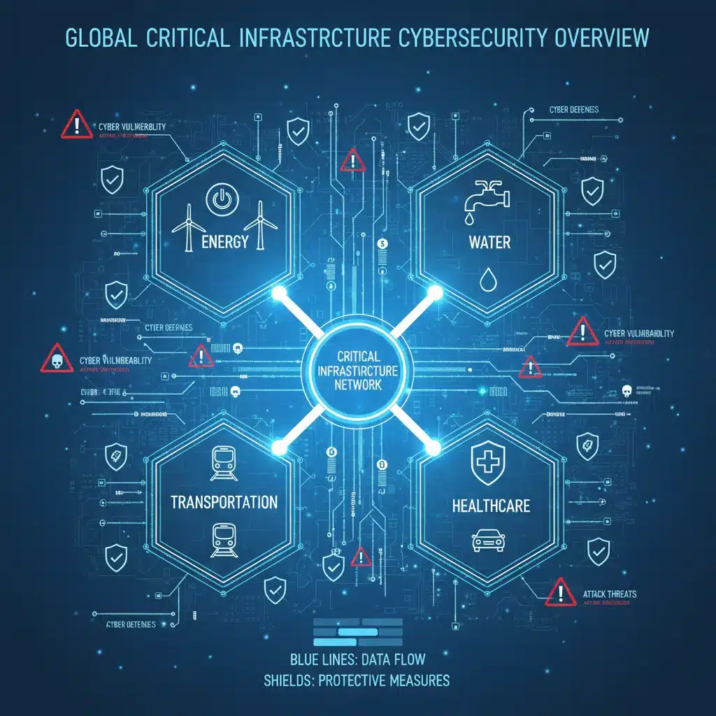 Infographic showing interconnected critical infrastructure sectors and their vulnerabilities to nation-state cyber attacks.