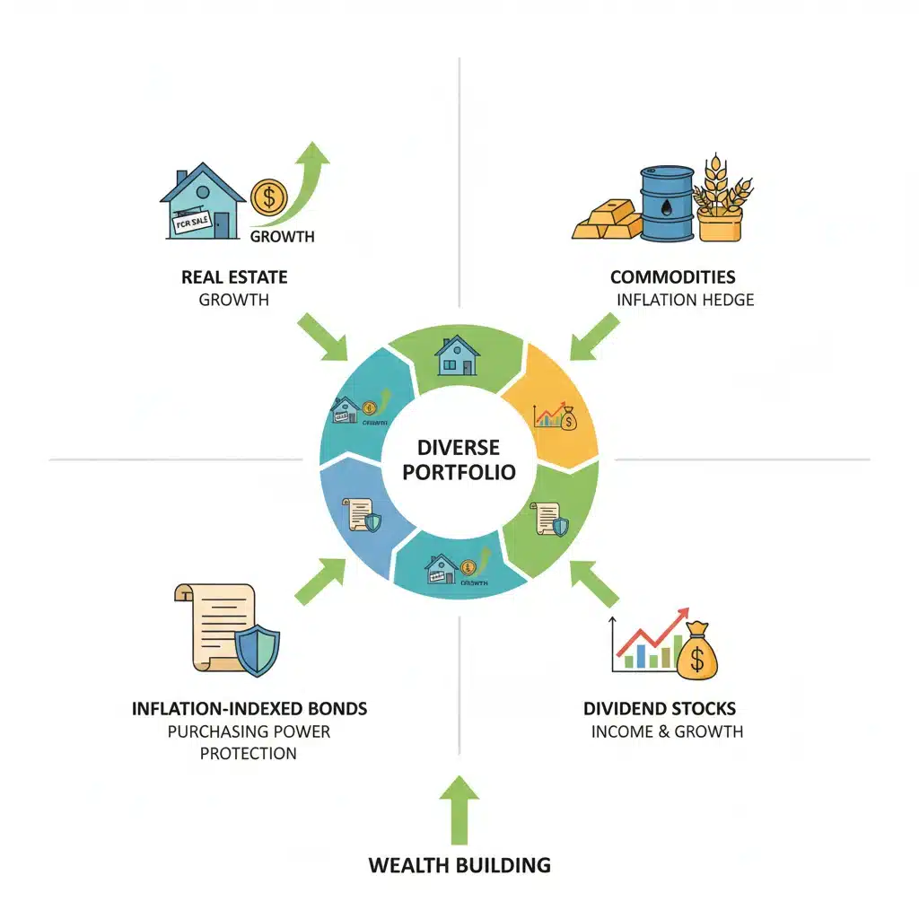 Infographic showing diverse investment strategies to combat inflation, including real estate and commodities.